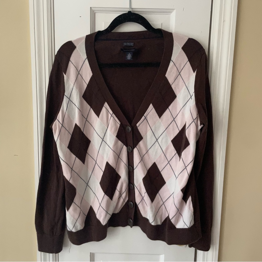 Tommy Hilfiger Womens Pink Argyle Button Front Brown Cardigan